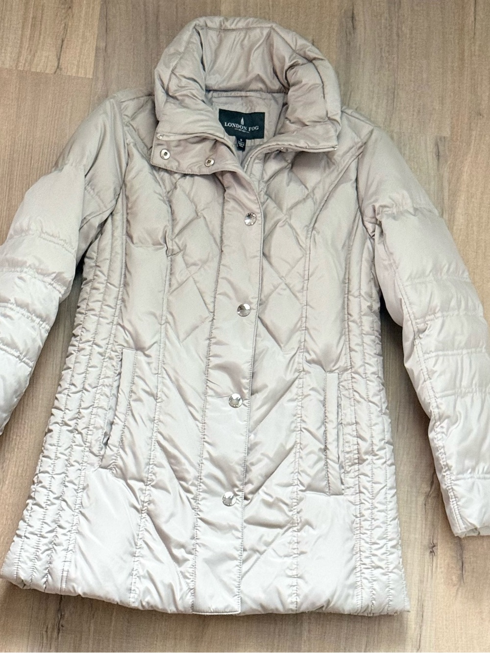 London Fog Quilted Feather Down Light Silver Long Puffer Women’s Coat Jacket